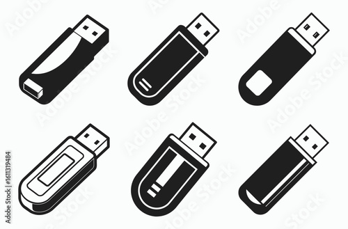 Usb flash drive silhouette set, storage device silhouette, digital data icon, usb flash drive outline silhouette vector illustration 