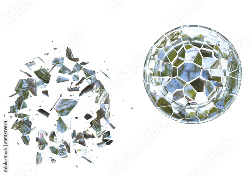 Two broken plates made from glass vector file created by 3D modeling physics simulation. There are shards of glass.
