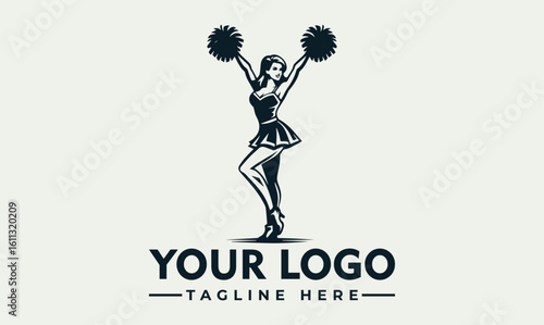 Cheerleader in uniform with pom-poms in the air, standing on one leg, with logo placeholder text below.
