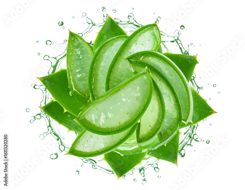 Top View of Aloe Vera Leaf with Juice Splash Effect, isolated on white background PNG