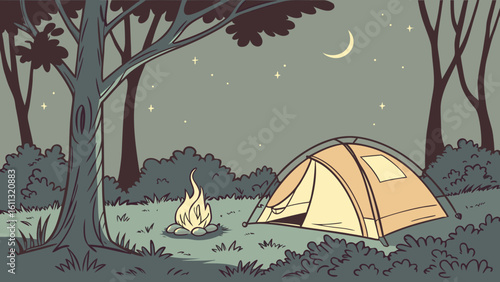 Outdoor campsite with night sky and nature setup
