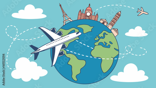 Airplane flying around the globe with clouds