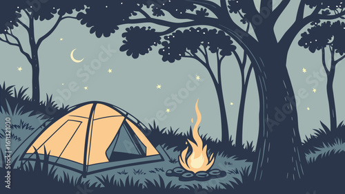 Camping scene with tent, trees, and bonfire