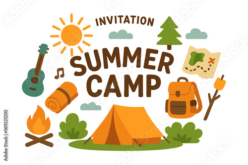 Vector set of cute summer camp elements. Kids camping illustration with tent, campfire, map, and backpack. Outdoor nature adventure concept for invitation, poster, or banner.