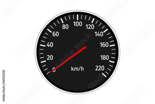 Realistic speedometer illustration isolated on white. Car dashboard instrument gauge showing speed in km/h. Concept of velocity, control, limit, and performance.