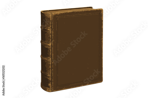 Antique book with blank leather cover isolated on white background. Vintage old tome with classic spine. Concept for history, library, literature, education, or knowledge.