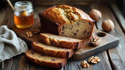 Sliced banana bread with walnuts, honey