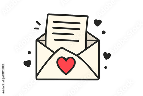 Love letter vector icon. Open envelope with a heart symbol and message. Romantic correspondence for Valentine's Day. Cute illustration for greeting card, sticker, email.