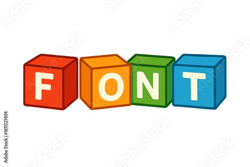 Colorful toy building blocks with letters spelling the word font. Kids alphabet cubes for early childhood learning and education. Vector illustration for typography concept.