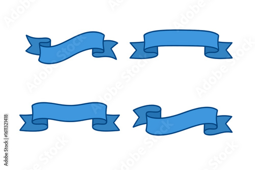 Blue ribbons vector set for design. Collection of four isolated blank banner scrolls. Empty retro label or tag for text. Decorative vintage graphic element illustration.