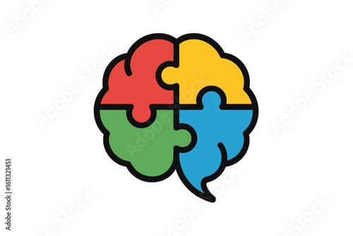 Brain puzzle logo for psychology and mental health. Vector icon of mind made of jigsaw pieces. Symbol for autism awareness, teamwork, problem-solving and creative ideas.