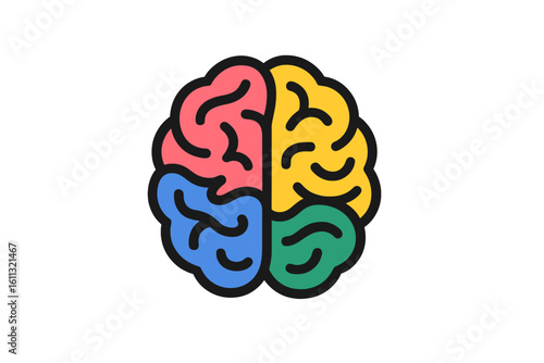 Brain icon vector logo. Psychology, mental health concept. Symbol of intelligence, creativity, idea, knowledge. Four color brain lobes. Neuroscience, neurology medicine sign.
