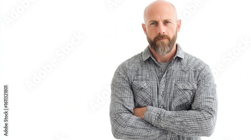 Confident Man with Beard in Casual Attire Against a White Background