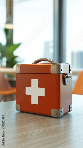 Vintage First Aid Kit on a Modern Office Table with Bright Background
