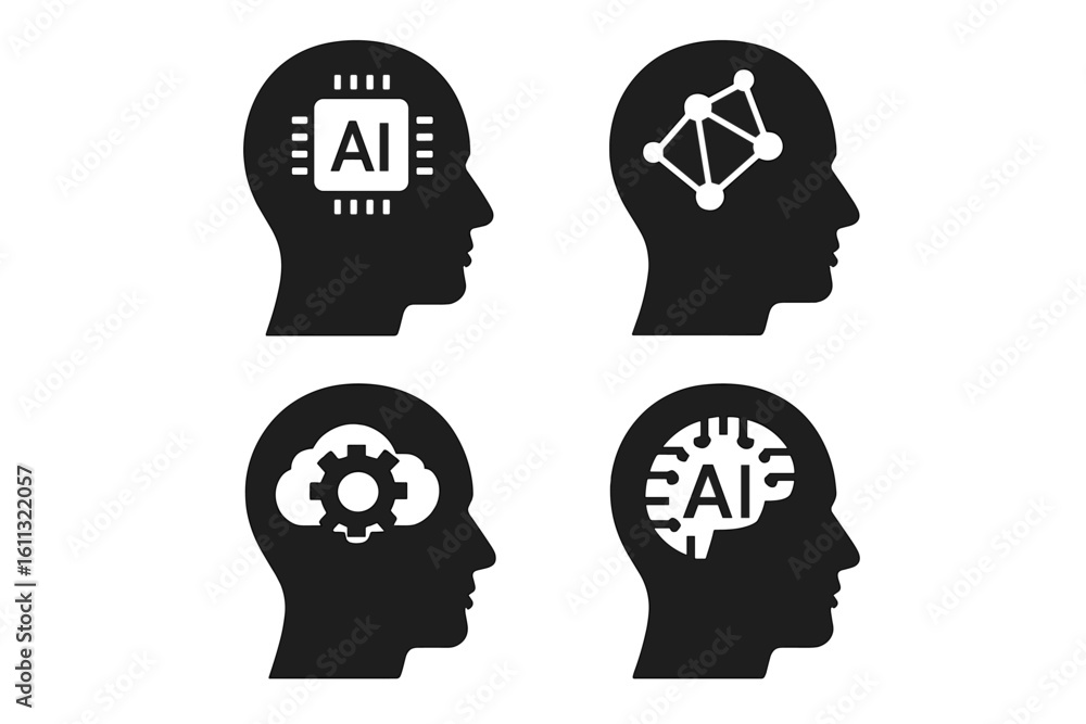 AI head icon set. Artificial intelligence concept with human mind silhouette. Vector illustration of brain, processor chip, neural network and cloud computing technology. AI head icon set. Artificial intelligence concept with human mind silhouette. Vector illustration of brain, processor chip, neural network and cloud computing technology.
