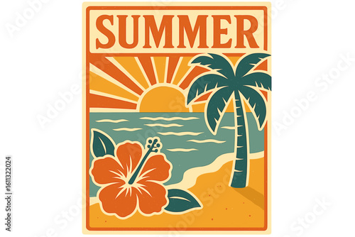 Retro summer vacation travel poster with a tropical beach, palm tree, and hibiscus flower. Vintage illustration with an ocean sunset for a warm holiday. Aloha style design.