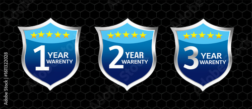 1, 2, 3 years warranty shield label icon badge design. blue and silver color. vector illustration eps.