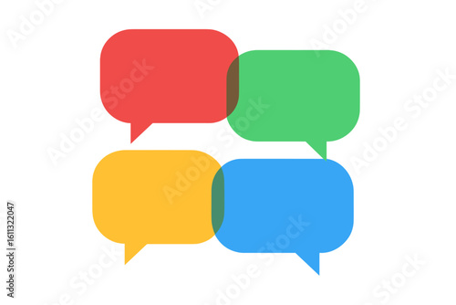 Colorful speech bubbles vector illustration. Communication concept. Chat icon for social media, messaging app. Dialogue, discussion, teamwork, collaboration. Overlapping ideas.