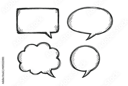 Hand-drawn speech bubbles vector set. Doodle sketch comic clouds. Dialogue balloons, message boxes for chat or thinking. Isolated black and white graphic elements collection.