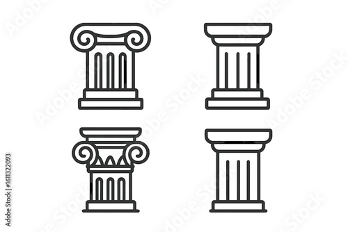 Ancient column line icon set. Greek, Roman pillar outline symbols for logo. Classic architecture vector illustration for history, law, bank, university, museum.
