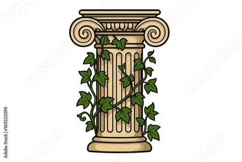 Ancient Greek Ionic column with climbing ivy. Classic antique Roman pillar. Historical architecture element. Old ruin vector illustration isolated on transparent background.