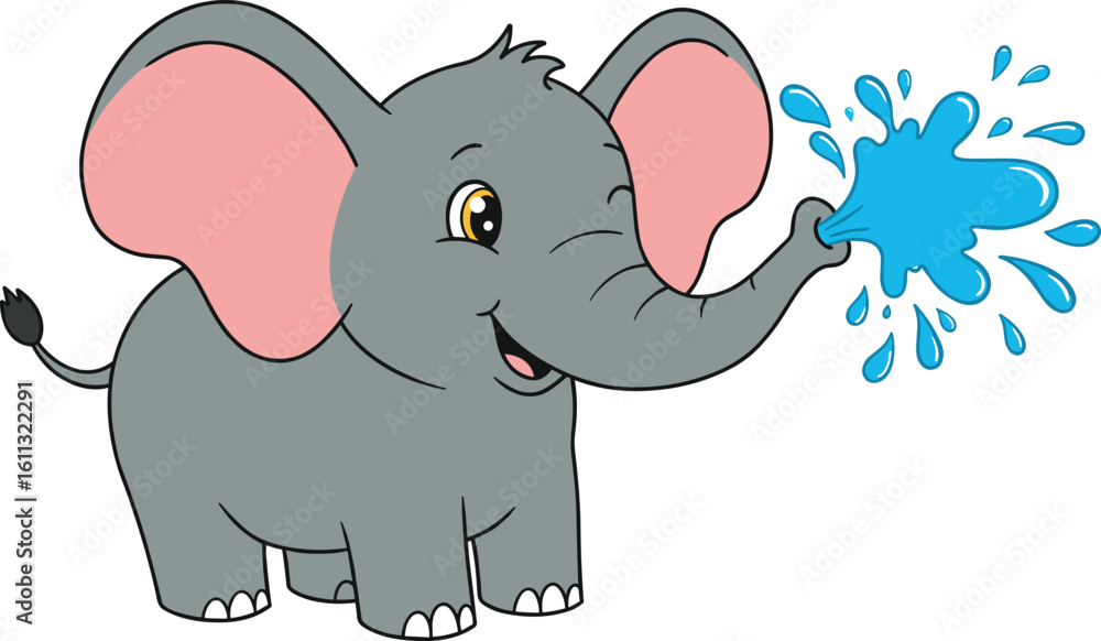 Naklejka premium Cute cartoon baby elephant spraying water, pink ears, big smile, fun animal illustration for kids, flat vector style drawing, playful