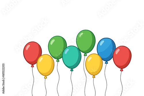 Bunch of colorful balloons vector illustration for a birthday party celebration. Set of festive flying helium balloon decorations isolated on a transparent background.