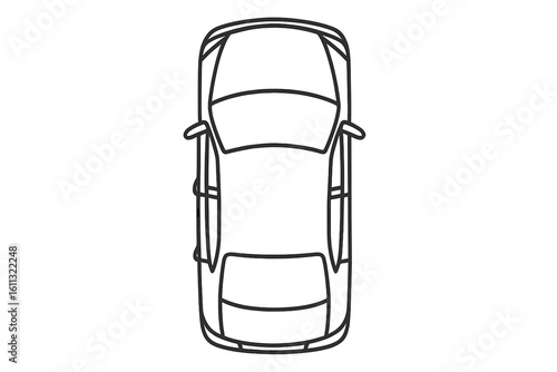 Car top view vector icon. Black line art automobile illustration. Simple vehicle drawing from above. Minimalist transport symbol isolated on a transparent background.