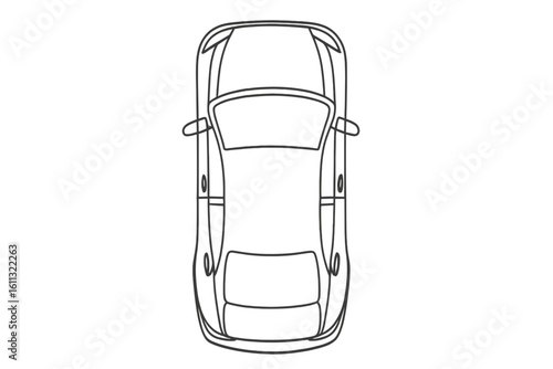 Car top view vector line art illustration. Black outline vehicle drawing, isolated icon. Modern sports car or coupe from above for transport or automotive design project.