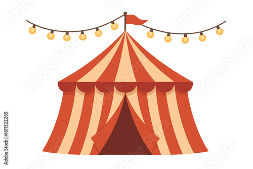 Carnival circus tent with garland lights. Red striped big top marquee for festival, fair or show. Classic funfair entertainment vector on transparent background.