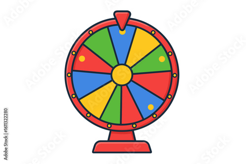 Cartoon fortune wheel for lottery and prizes. Spinning game of luck and chance. Colorful vector illustration for casino promotions. Isolated graphic element for winning.