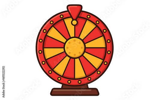 Cartoon fortune wheel vector illustration. Spinning prize wheel for lottery or casino game. Concept of luck, chance, and winning. Gambling and risk symbol isolated graphic.