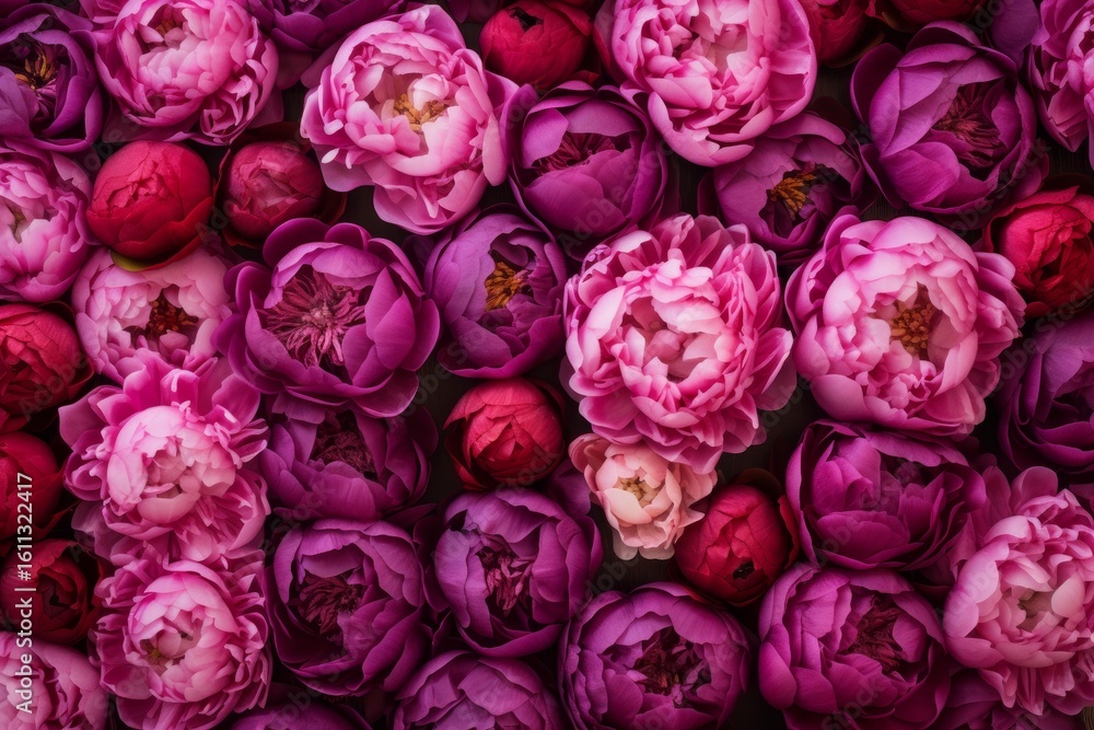 Obraz premium Vibrant pink and purple peony flowers creating a captivating floral background, perfect for romantic and nature inspired designs