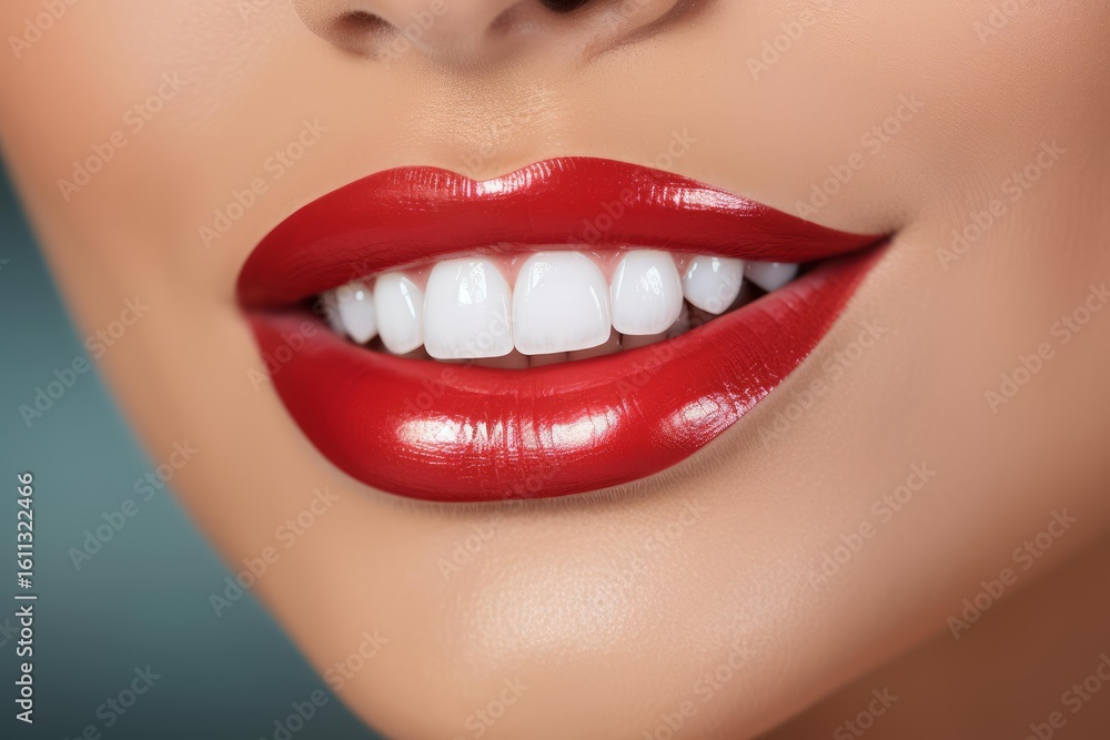 Close up of smiling woman with perfect white teeth and red lipstick Close up of smiling woman with perfect white teeth and red lipstick