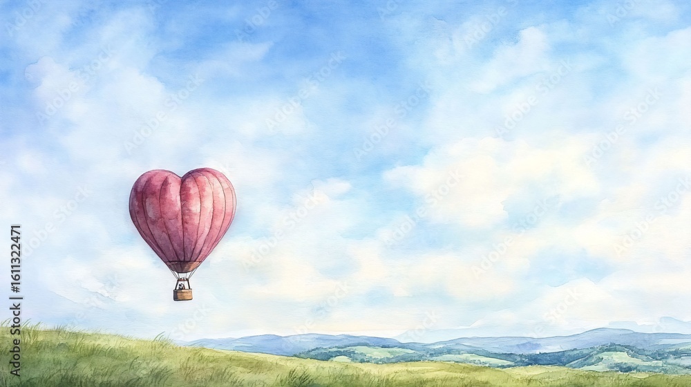 Fototapeta premium Heart-Shaped Hot Air Balloon Floating Over Scenic Landscape
