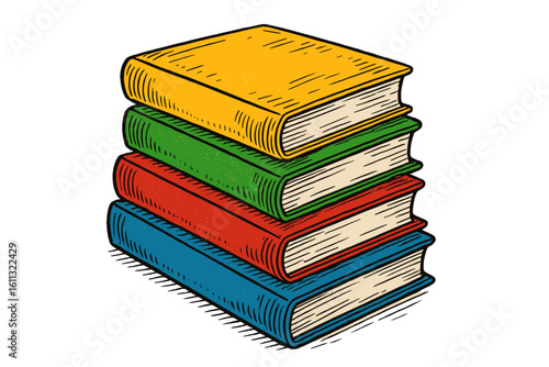 Colored books stack vector illustration. Hand drawn sketch in vintage, retro style. Concept for education, library, reading, literature, learning, study, knowledge, wisdom.