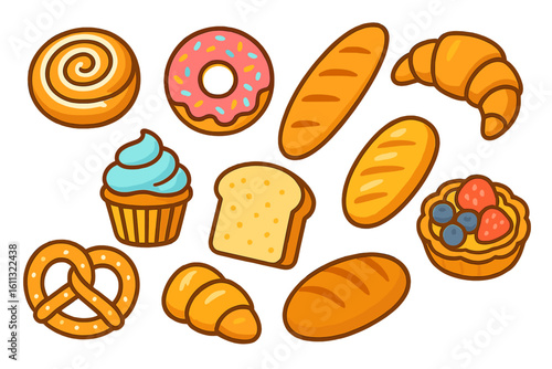 Bakery products set. Cartoon food icons. Vector collection of sweet pastry and bread. Donut, croissant, cupcake, bun, baguette, cake, pretzel illustration. Isolated.