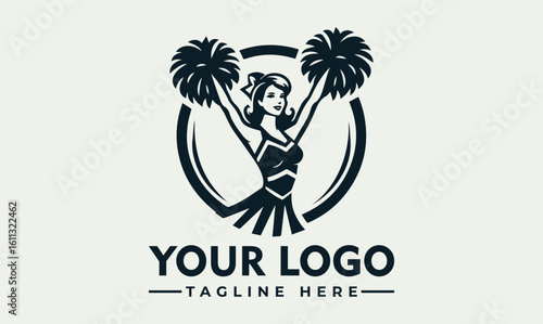 Vintage style logo featuring a cheerleader with pom-poms, set within a circular design.