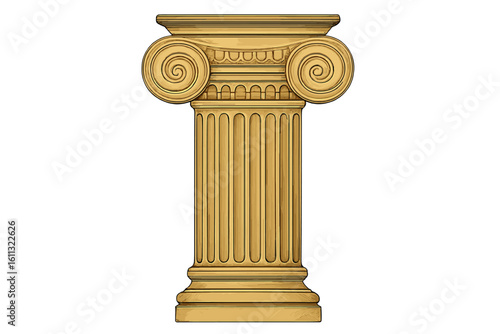 Golden antique Ionic column vector illustration. Ancient Greek or Roman classic architectural pillar capital. Luxury gold decorative element for history or museum design.