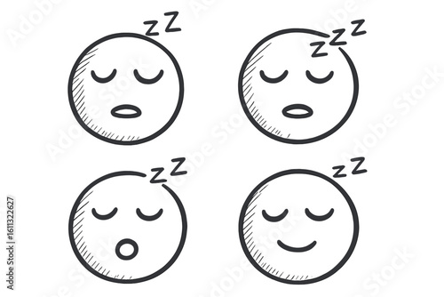 Hand drawn sleeping emoji set. Doodle sleepy face character. Zzz dream icon. Tired emoticon concept. Night rest symbol. Sketch vector illustration. Cute funny comic face.