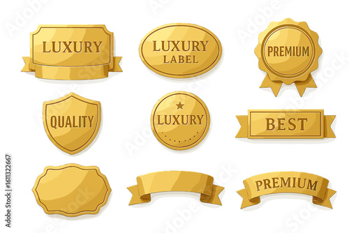 Golden luxury labels and badges vector set. Gold premium quality seal, best choice emblem, award ribbon and guarantee shield for product design or certificate.