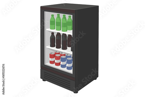 Drinks fridge with glass door filled with soda bottles and cans. Commercial refrigerator display for store or supermarket. Cold beverage cooler vector illustration isolated.