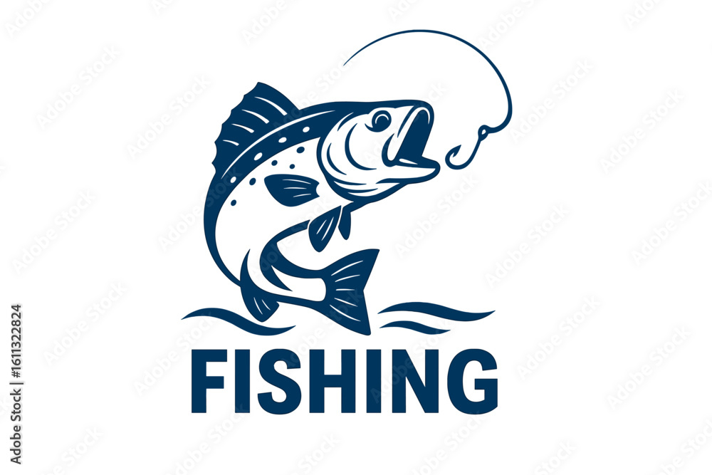 Fishing logo with jumping bass fish and hook. Vector emblem for fishing sport club or team. Outdoor adventure hobby icon. Salmon or trout silhouette illustration design. Fishing logo with jumping bass fish and hook. Vector emblem for fishing sport club or team. Outdoor adventure hobby icon. Salmon or trout silhouette illustration design.