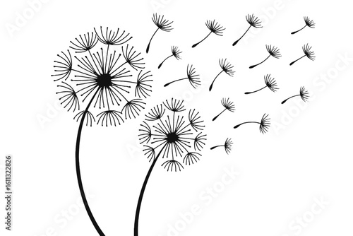 Dandelion with seeds blowing in the wind. Abstract vector illustration. Minimalist floral silhouette for concepts of freedom, change, hope, and new beginnings.