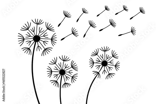 Dandelion with flying seeds in the wind. Abstract black vector silhouette illustration. Concept of freedom, hope, change, wish, and letting go. Nature flower plant graphic.