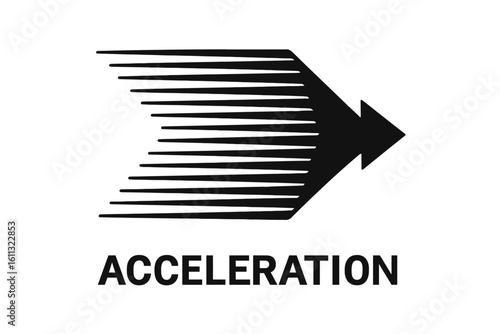 Acceleration arrow icon concept. Fast forward symbol for speed, growth, and progress. Dynamic motion and velocity graphic. Striped transition lines showing rapid movement.