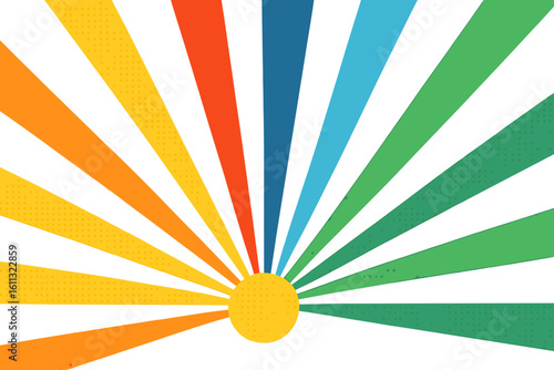 Colorful sun rays background with halftone texture. Retro sunburst pattern vector. Vintage pop art comic style explosion. Abstract graphic design on transparent background.