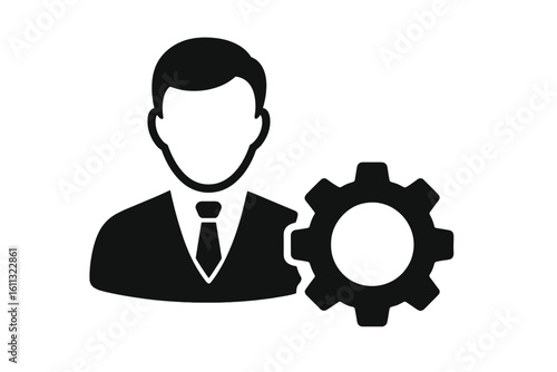 Account settings icon with man and gear symbol. User profile management, business service, admin panel, and support concept. Flat vector for web, app, and user interface.