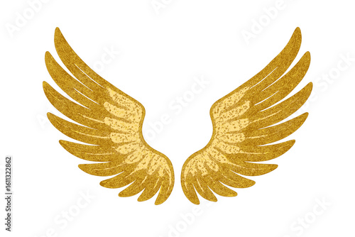 Golden wings vector illustration with glitter halftone texture. Angel, freedom, flight concept. Luxury, elegant, divine design element for logo, emblem, or decoration.
