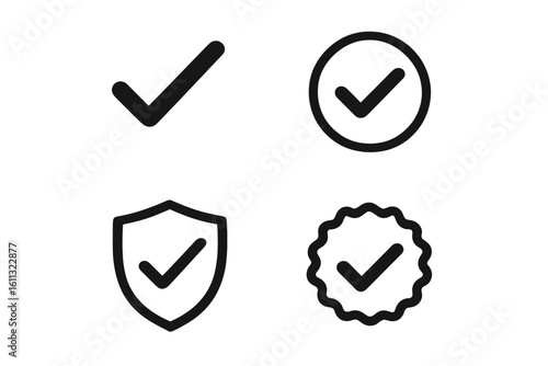 Check mark icon set. Approved, confirmed, quality, and protected symbols. Tick in circle, shield, and certificate seal. Black vector line icons isolated on white.
